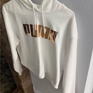 PUMA Women's White Hoodie with Brown Logo